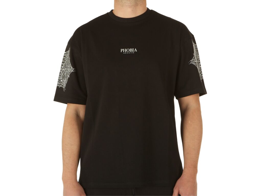  Black T-Shirt With Strass Cobweb - T-Shirt uomo Phobia Archive. Disponibile in diverse taglie: xl e colori nero. YOUSPORTY.
