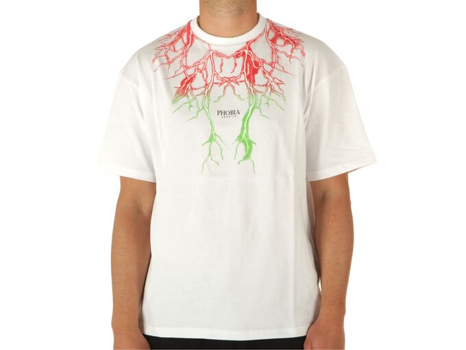 White T-Shirt With Red And Green Lightning - T-Shirt uomo Phobia Archive. Disponibile in diverse taglie: s, xl e colori rosso, 