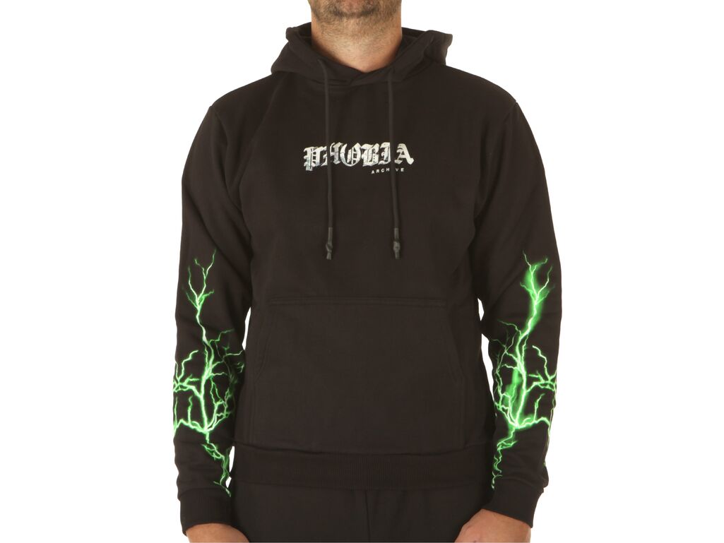  Black Hoodie With Green Lightning On Sleeves - Felpe uomo Phobia Archive. Disponibile in diverse taglie: l, m, xl, xs e colori 