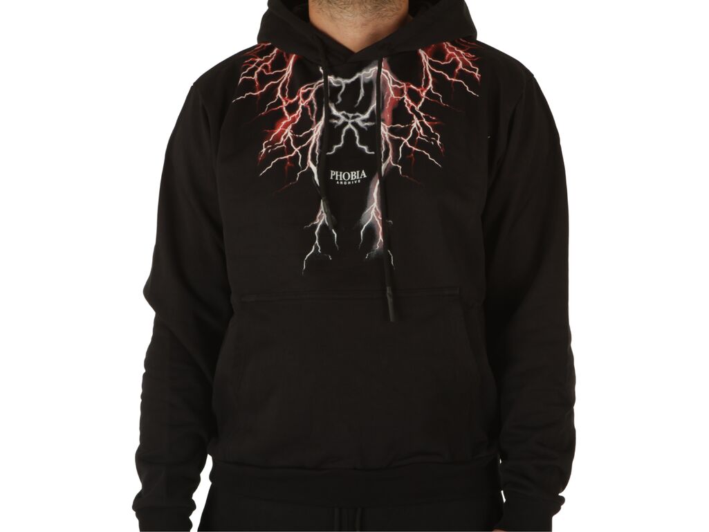  Black Hoodie With Red Grey Lightning - Felpe uomo Phobia Archive. Disponibile in diverse taglie: l, m, s, xl e colori rosso, ne