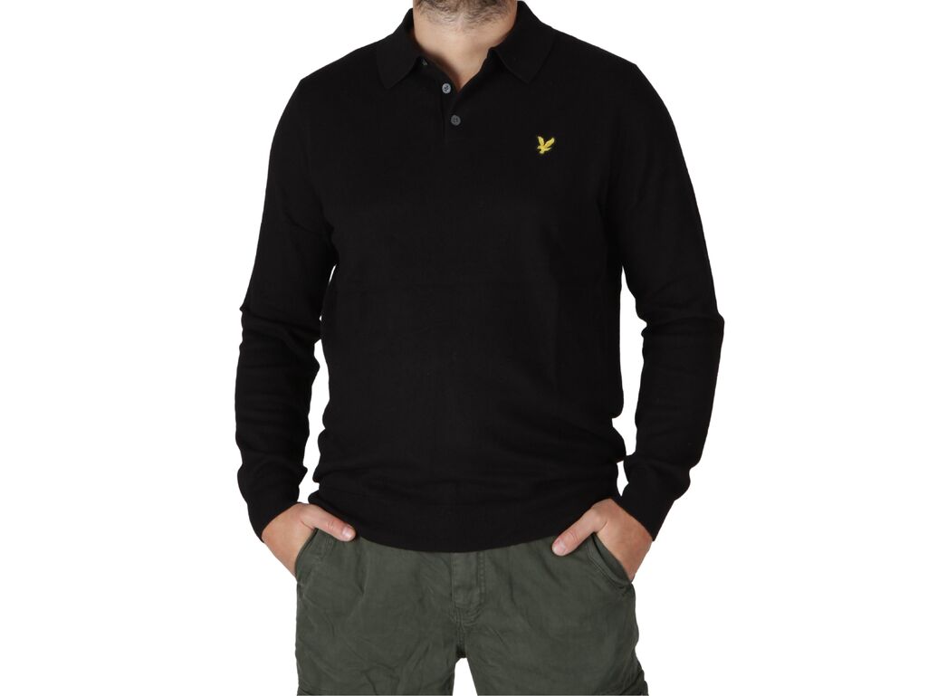 Lyle & Scott Cotton Merino Long Sleeve Knited Polo Jet Black homme KN2113V Z865