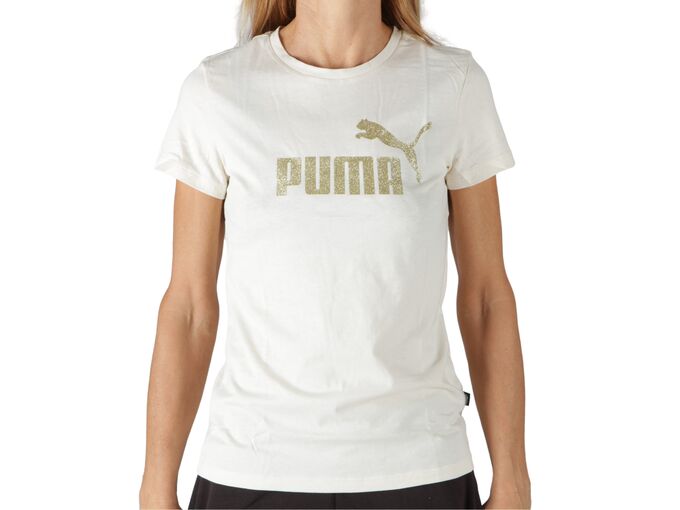  ESS+ Glitter logo Tee - T-Shirt donna Puma. Disponibile in diverse taglie: m, s e colori bianco, oro. YOUSPORTY.
