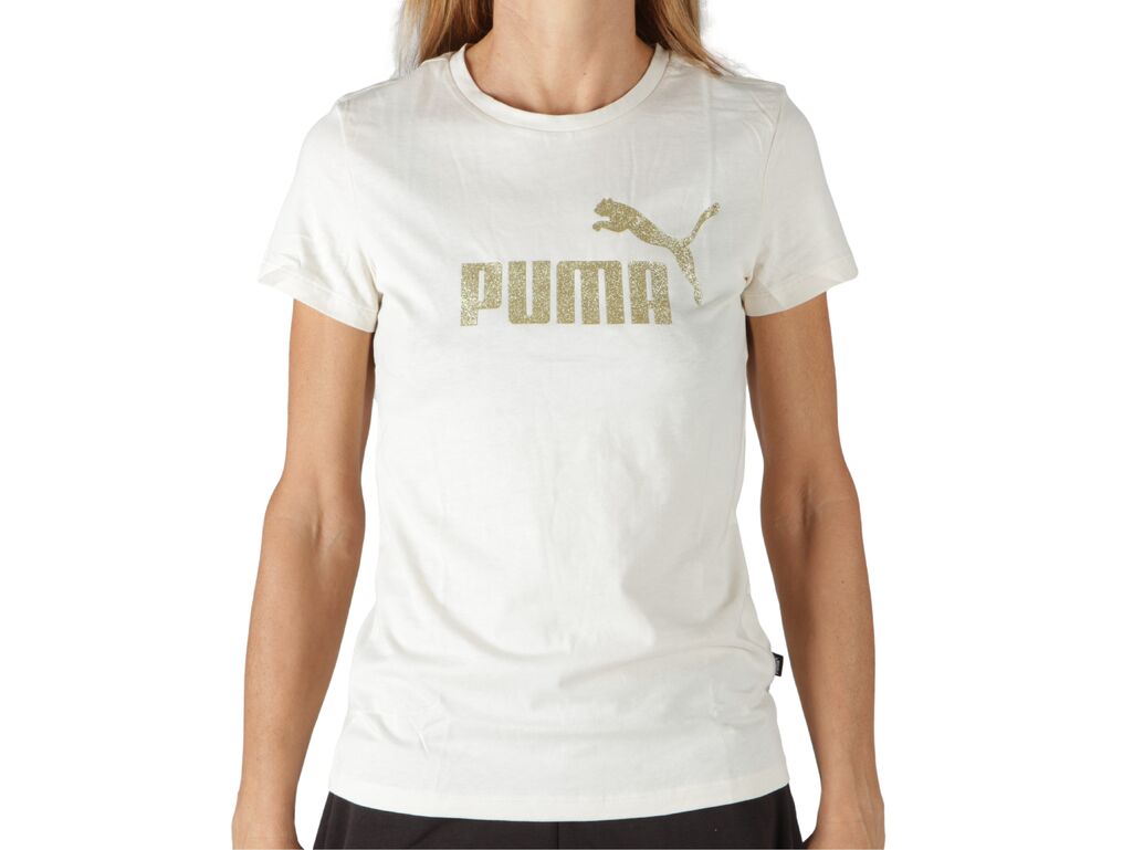  ESS+ Glitter logo Tee - T-Shirt donna Puma. Disponibile in diverse taglie: m, s e colori bianco, oro. YOUSPORTY.